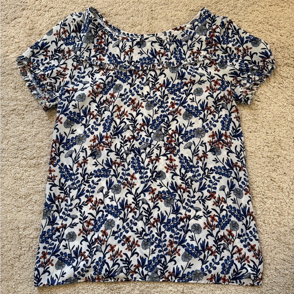 Loft Blue Floral Print Short-Sleeve Blouse